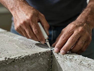 Primer plano de manos de un técnico sellando una junta de concreto con sellador elastomérico de alta resistencia en Bogotá, iluminación lateral dramática, enfoque macro en la precisión del sellado.