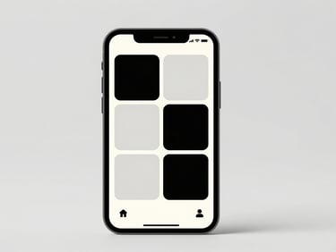 Sleek smartphone mockup showing a minimalist social media feed with high-contrast graphic posts, bright studio lighting