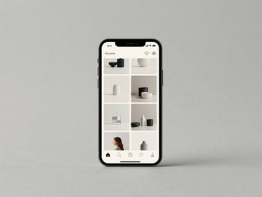 minimalist digital mockup photography, clean studio lighting, neutral grey and off-white tones, sharp focus, high-end editorial feel showing a perfectly curated Instagram feed on an iPhone screen