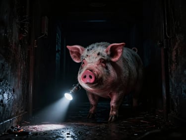 High-contrast gameplay screenshot of Nightmare Pig, a dark corridor illuminated only by a dim flashlight beam, eerie shadows, gritty texture.
