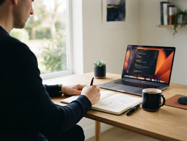 Over-the-shoulder view of a clean minimalist workspace, warm natural window light illuminating a notebook and laptop screen, 35mm photography