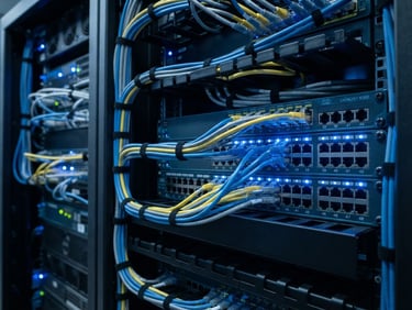 Close-up of structured network cabling in a server rack, clean blue LED status lights, technical precision photography.