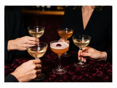 Vue rapprochée d'un cocktail sophistiqué avec des verres élégants et des mains en interaction lors d'un afterwork premium, lumières tamisées.