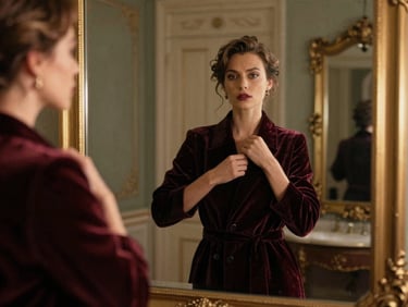 Femme élégante ajustant sa veste dans un miroir ancien, lumière douce, ambiance d'un boudoir chic et intime, reflets dorés.