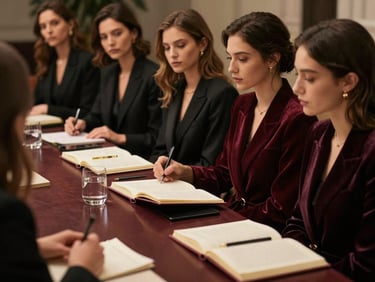 Scène de table ronde élégante avec des femmes professionnelles engagées dans une discussion, carnets ouverts, lumières chaudes.