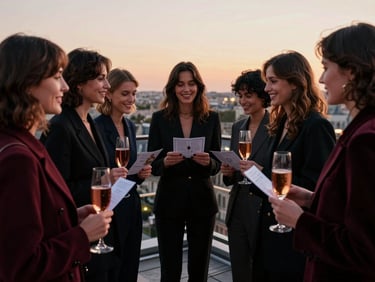 Groupe de femmes élégantes riant et échangeant des cartes de visite lors d'un afterwork sur un rooftop parisien au coucher du soleil, lumières chaudes, verres de champagne.