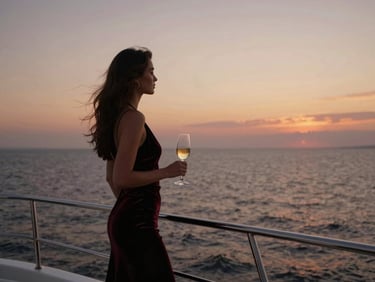 Pont d'un yacht de luxe au coucher du soleil, champagne, mer calme, femme élégante regardant l'horizon.