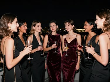 Groupe de femmes élégantes riant et échangeant lors d'un cocktail sur un rooftop de nuit, lumières de la ville scintillantes.