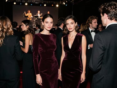 Scène de networking élégante lors d'un événement privé, femmes et hommes en tenue de soirée, micro sur scène, projecteurs. Ambiance chic et connectée.