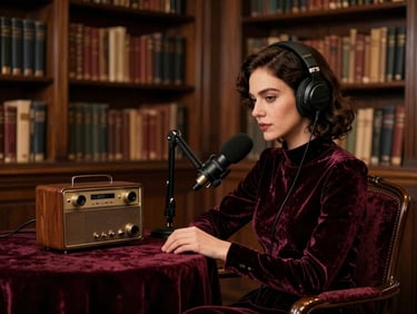 Studio podcast haut de gamme, micro vintage, éclairage chaud, velours bordeaux, bibliothèque en arrière-plan, femme élégante avec casque, style cinéma.
