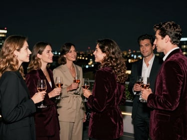 Scène de networking animée, cocktails, rires, discussions entre femmes et hommes élégants, ambiance rooftop de nuit, ville illuminée en arrière-plan.