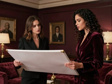 Deux femmes en tenue de ville discutant avec assurance devant un tableau blanc dans un salon privé luxueux, ambiance studieuse mais décontractée, lumière tamisée.