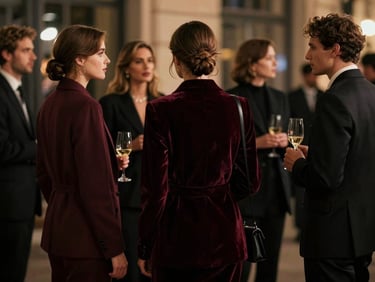 Scène de networking chic, femmes et hommes élégants interagissant, arrière-plan flou de ville nocturne, ambiance exclusive.