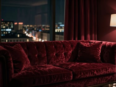 Intérieur luxueux d'une suite d'hôtel boutique, lumière tamisée, velours bordeaux, vue sur la ville nocturne.