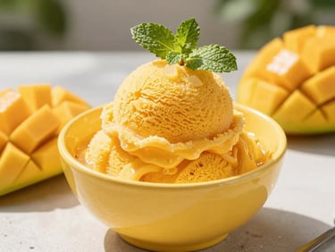 A refreshing scoop of mango sorbet in a bright yellow bowl, garnished with mint, sunny outdoor setting.