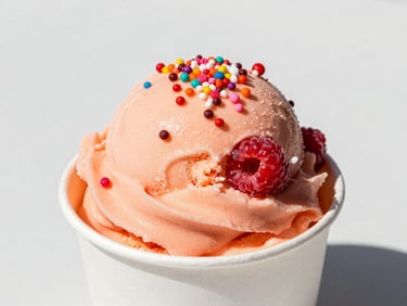 A bright peach and raspberry swirled ice cream scoop in a paper cup, sparkling candy toppings, high-contrast outdoor lighting.