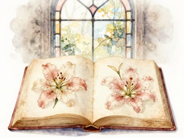 Watercolor of an open antique book with pressed lilies and soft morning light filtering through a stained-glass window, warm ivory tones