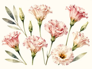 Watercolor of delicate lisianthus flowers and olive branches under warm diffused light, elegant art nouveau style