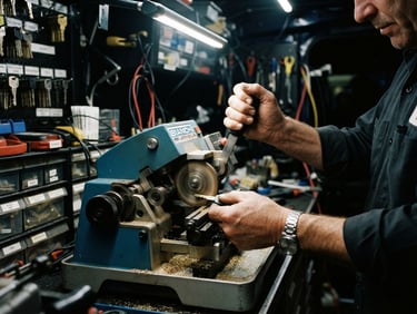 Close-up of hands using a precision key-cutting machine inside a mobile service van, illuminated by bright LED work lights, 35mm sharp focus.
