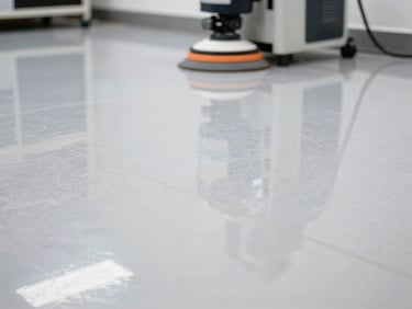 High-gloss polished vinyl floor reflecting overhead lights, a professional floor buffer in the background, sharp focus