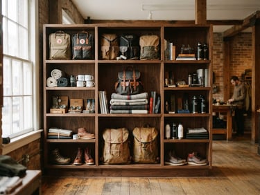 warm editorial photography, soft natural window light, rich earth tones, 35mm lens, shallow depth of field, straight-on architectural shot of the shop interior showing neatly arranged gear on wooden shelves