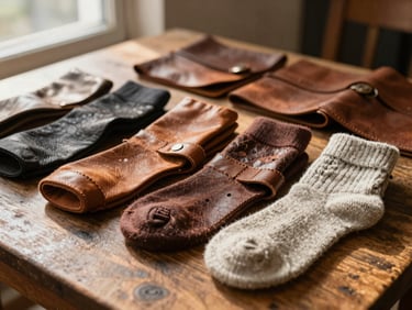 tight detail shot of textured materials, leather goods and wool socks on a rustic table, warm afternoon sun