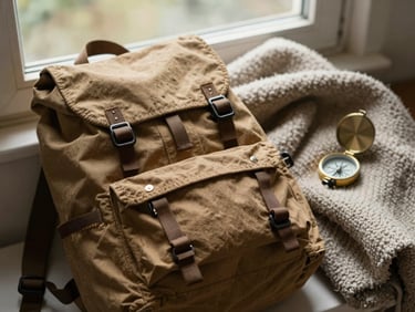 neat flat lay of outdoor gear, canvas backpack, compass, and wool blanket, soft natural window light