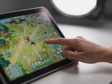 Close-up of a mouse hand navigating a strategy game interface on screen, diffused studio overhead light, clean desk surface
