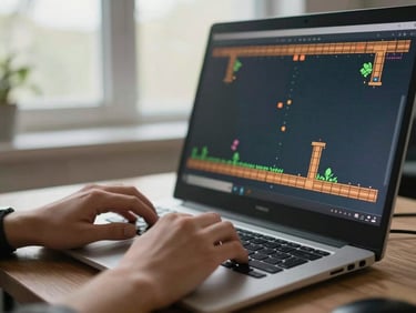 Hands on keyboard during a testing session, screen showing a side-scrolling action game, soft daylight from a north-facing window