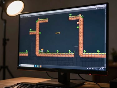 Close-up of a monitor displaying a 2D platformer game level under warm overhead studio light, keyboard partially visible at frame bottom