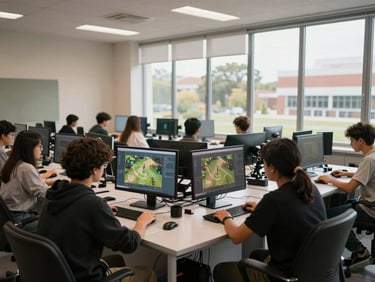 Wide shot of an IFRN classroom with students at workstations, monitors showing game build screens, natural daylight through tall windows