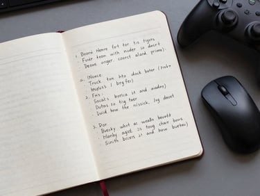 Overhead shot of a desk with a notebook open to hand-written bug notes, a mouse, and a game controller, daylight from above