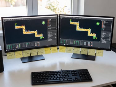 Overhead documentary frame of a compact testing workstation — dual monitors showing a 2D platformer build with debug overlay, sticky notes along the bezel, keyboard in foreground, harsh north-facing window light, clean surface, no person