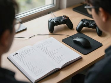 Close overhead documentary shot of a tester's desk at IFRN — open notebook with bug log entries, a mouse resting on a mousepad, game controller to one side, natural classroom daylight from a side window, no faces