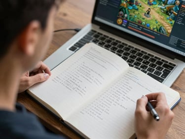 Close overhead shot of a tester's notepad filled with handwritten test cases beside a laptop displaying a game's main menu, a pen resting on the open page, natural diffused daylight, no hands visible, tidy documentary framing