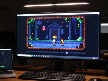 Monitor screen displaying a pixel-art horror game scene, testing environment with dim overhead light and notebook beside keyboard