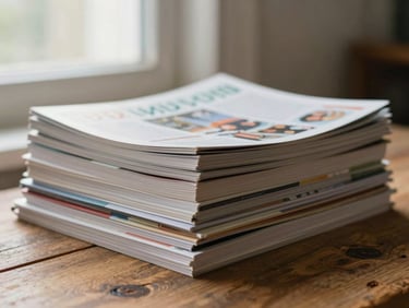 Stack of academic journals and educational magazines on a rustic wooden table, soft natural window light, muted paper tones, shallow depth of field, 35mm