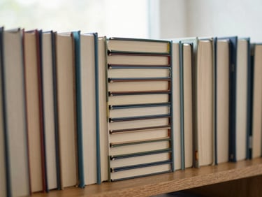 Editorial photography of a stack of new educational books neatly arranged on a wooden shelf, soft natural light, shallow depth of field, 35mm.