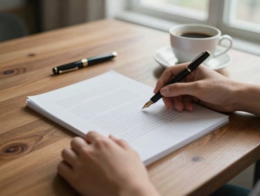 Editorial photography of a person's hands gently placing a manuscript on a polished wooden table, alongside a fountain pen and a cup of coffee, soft natural light, shallow depth of field, 35mm.