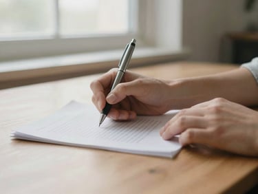 Author's hands holding a pen over a manuscript on a wooden desk, soft natural window light, muted paper tones, shallow depth of field, 35mm