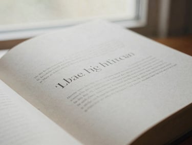 Close-up of an open book with elegant typography, soft natural window light, muted paper tones, shallow depth of field, 35mm