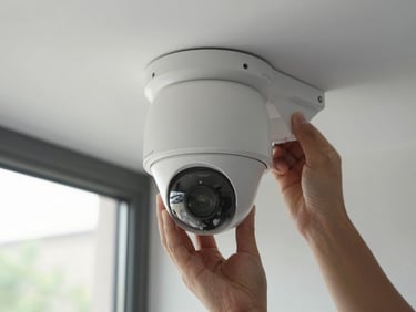 Close-up of a CCTV dome camera being mounted on a ceiling bracket in a small office, technician's hands visible, natural daylight from a window in background