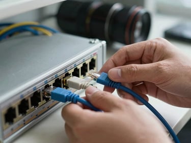 Close-up of a technician's hands plugging an ethernet cable into a network switch in a small office, natural daylight from a nearby window, tidy cable run visible in background