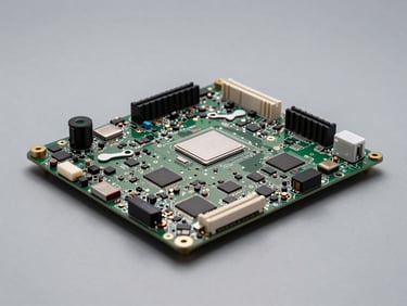 Straight-on product shot of a laptop motherboard with chip components visible under clean studio lighting on a neutral gray surface