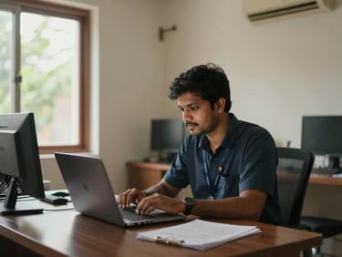 Wide environmental shot of a Nimbus technician working at a customer's home-office desk in Bangalore, laptop open in front of them, natural window light, tidy residential setting