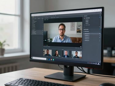 Straight-on shot of a monitor displaying a remote desktop session in progress on a clean desk, keyboard partially visible, cool daylight from window on the left