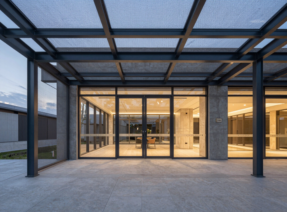 View looking out from a modern covered patio through tensioned insect mesh, dramatic twilight showing interior warmth.