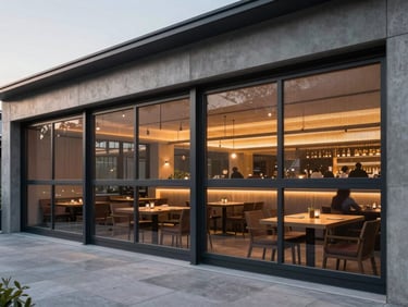 Modern commercial dining terrace with integrated motorized wind-resistant screens, warm interior light glowing through the mesh at twilight.