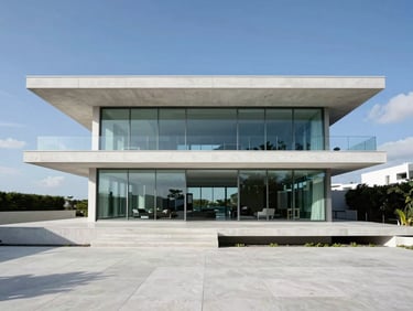 A minimalist glass villa in Miami with massive motorized screens enclosing a covered terrace, high-contrast daylight.