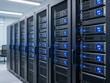 Secure server racks in a data center, glowing blue lights, clean corporate environment, bright professional lighting.